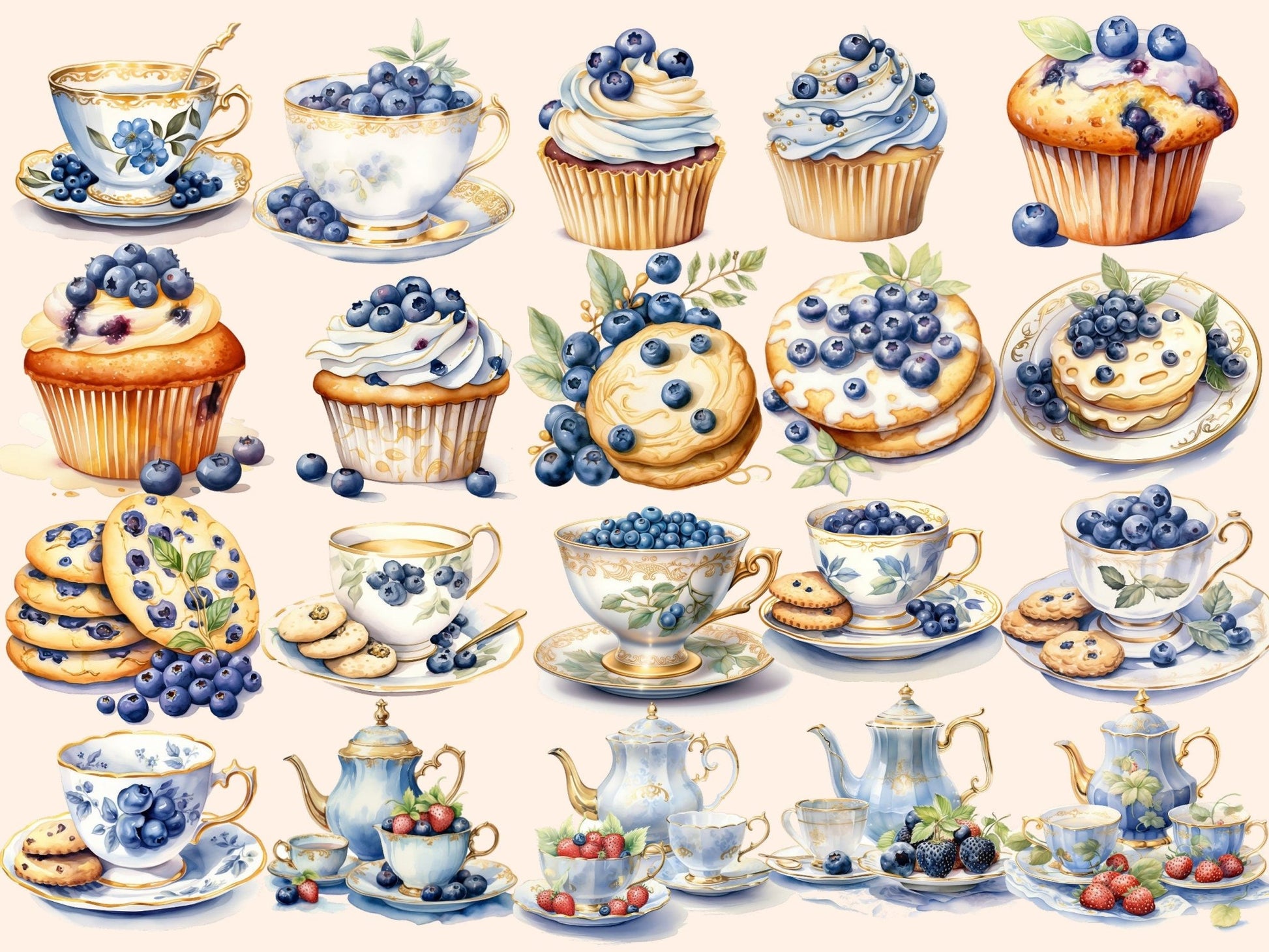 Blueberry Tea Watercolor Clipart - High - Quality Instant Digital Download for Creative Projects