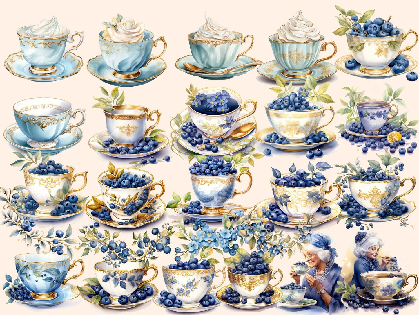 Blueberry Tea Watercolor Clipart - High - Quality Instant Digital Download for Creative Projects