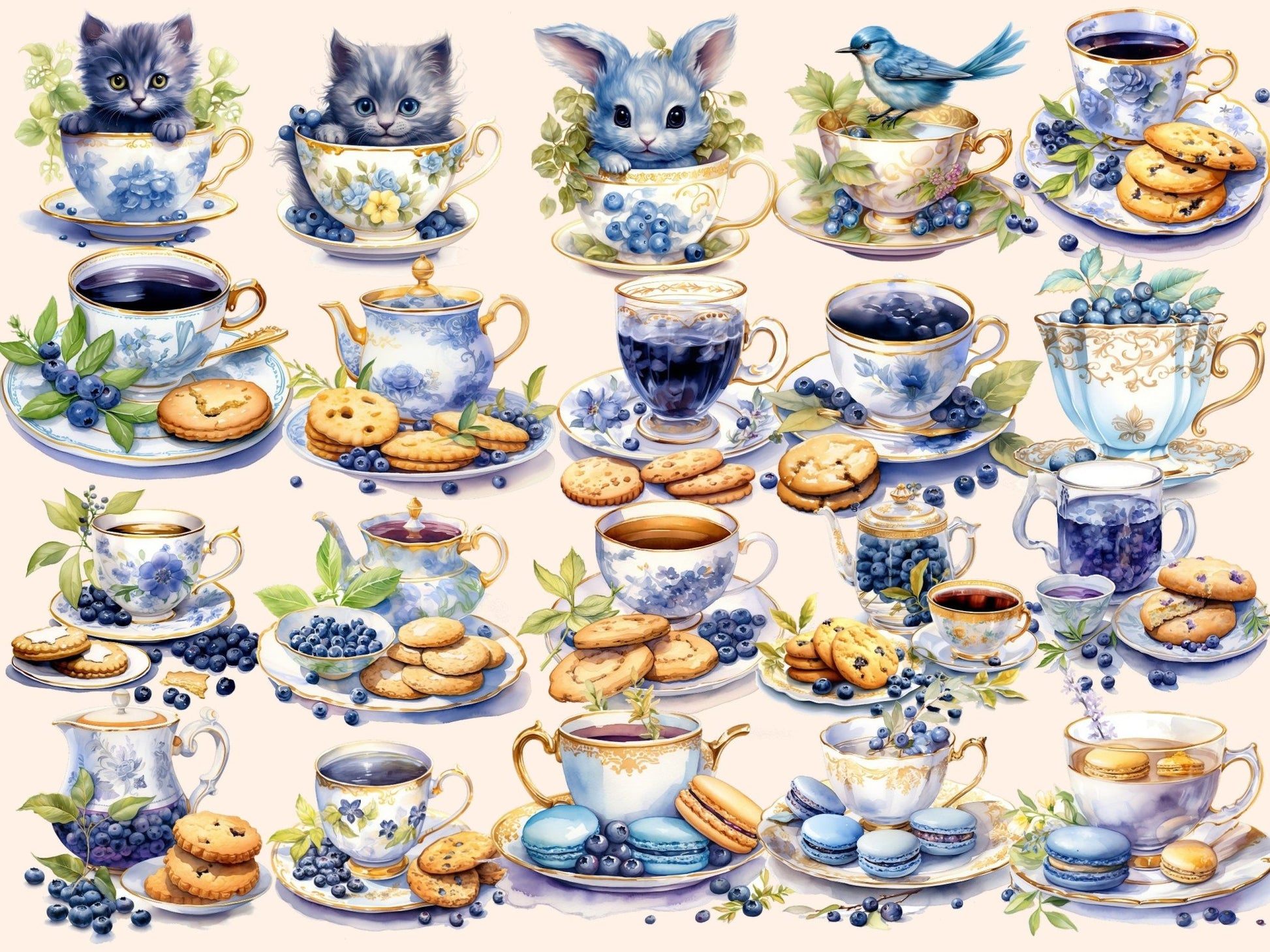 Blueberry Tea Watercolor Clipart - High - Quality Instant Digital Download for Creative Projects