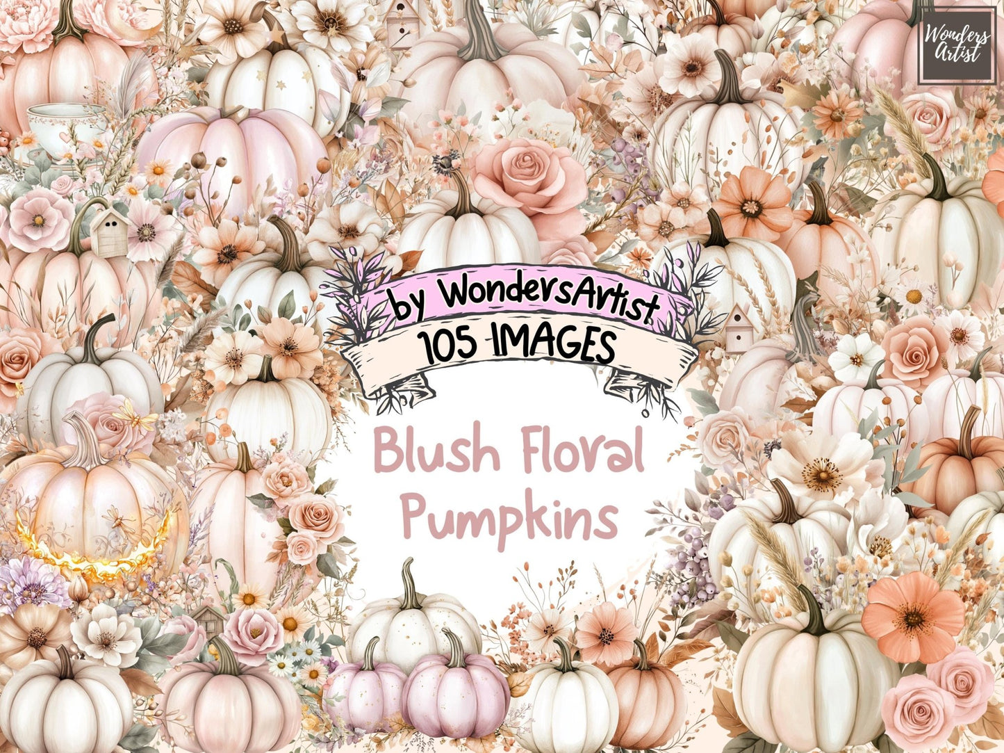 Blush Floral Pumpkins Watercolor Clipart - High - Quality Instant Digital Download for Creative Projects