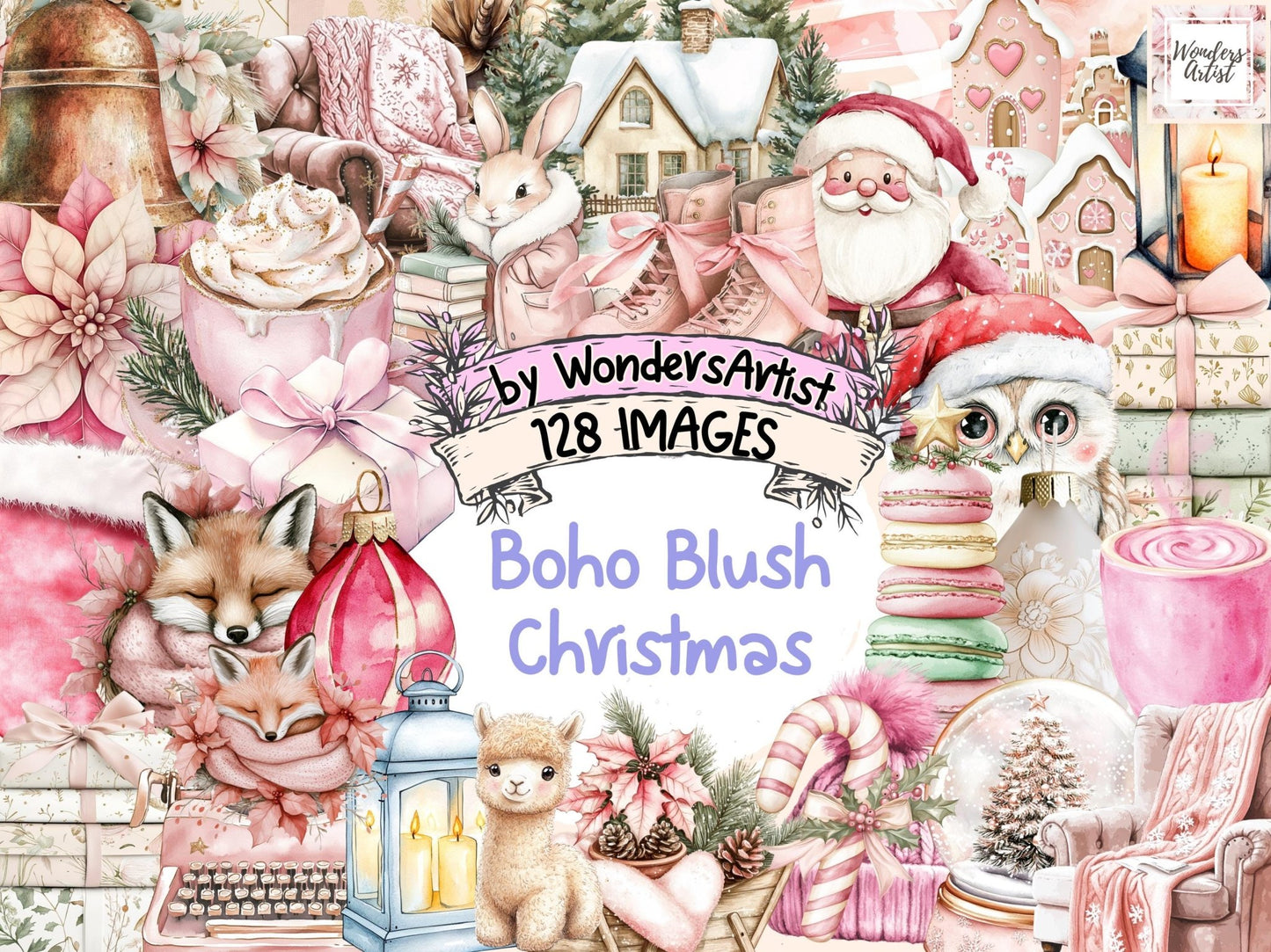 Boho Blush Christmas Watercolor Clipart Bundle - High - Quality Instant Digital Download for Creative Projects