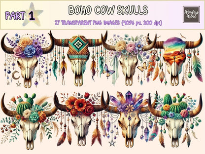 Boho Cow Skulls (P1) Clipart bohemian clipart - Wonders Artist