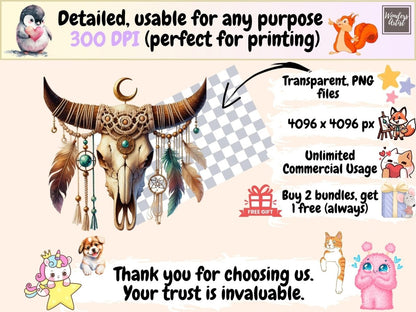 Boho Cow Skulls (P1) Clipart bohemian clipart - Wonders Artist