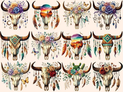Boho Cow Skulls (P1) Clipart bohemian clipart - Wonders Artist