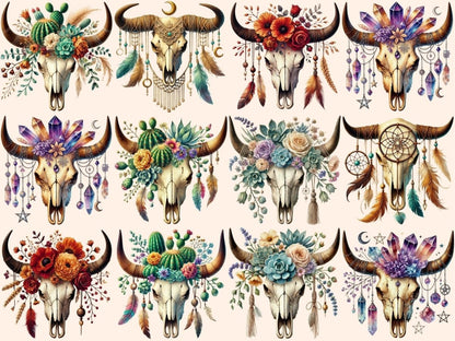 Boho Cow Skulls (P1) Clipart bohemian clipart - Wonders Artist