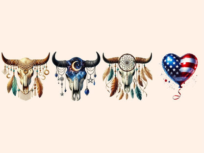 Boho Cow Skulls (P1) Clipart bohemian clipart - Wonders Artist