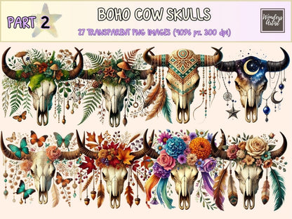 Boho Cow Skulls (P2) Clipart bohemian clipart - Wonders Artist