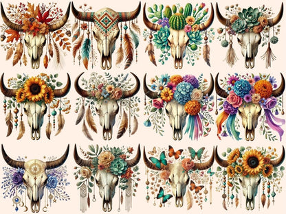 Boho Cow Skulls (P2) Clipart bohemian clipart - Wonders Artist