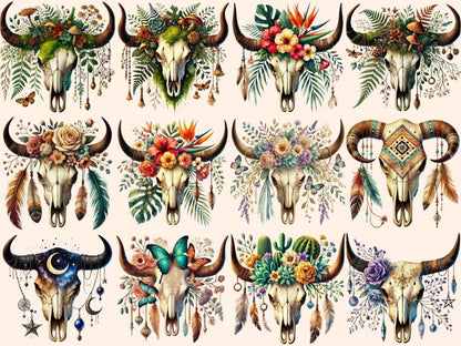 Boho Cow Skulls (P2) Clipart bohemian clipart - Wonders Artist