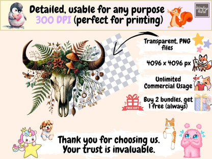 Boho Cow Skulls (P2) Clipart bohemian clipart - Wonders Artist
