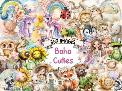Boho Cuties Watercolor Clipart animal clipart - Wonders Artist