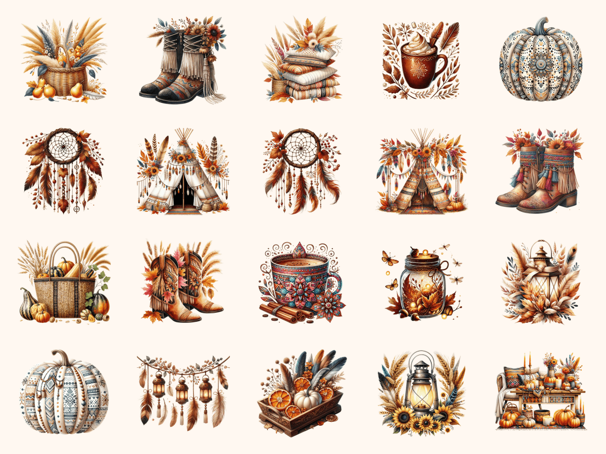 Boho Fall Clipart All Bundles Clipart Line Art - WondersArtist