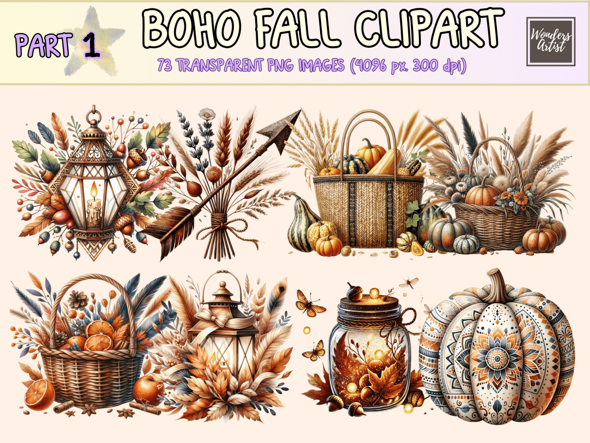 Boho Fall Clipart All Bundles Clipart Line Art - WondersArtist