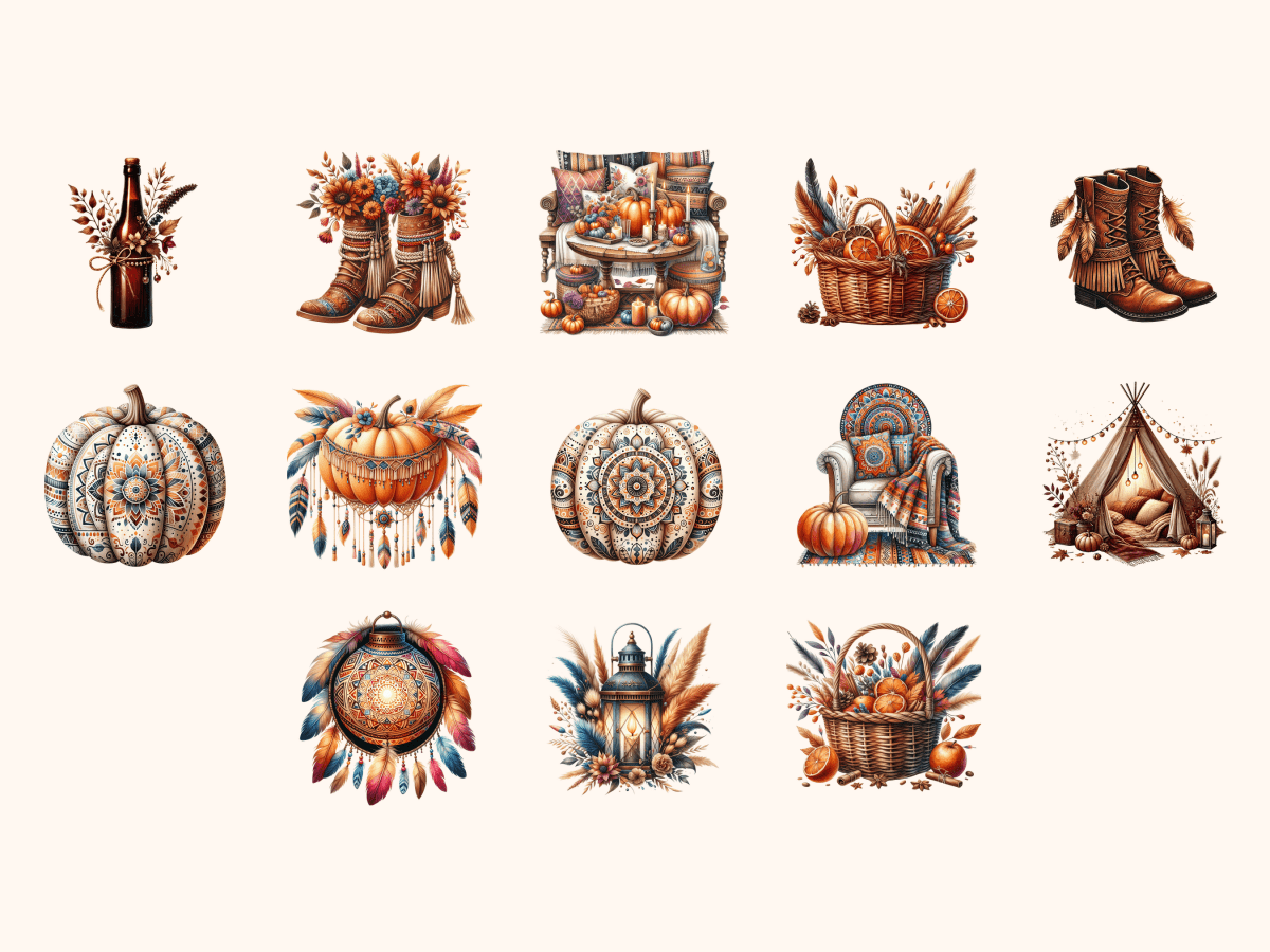 Boho Fall Clipart All Bundles Clipart Line Art - WondersArtist