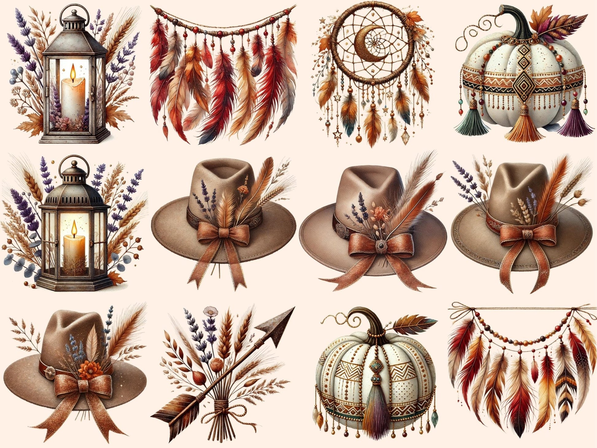 Boho Fall Clipart - High - Quality Instant Digital Download for Creative Projects