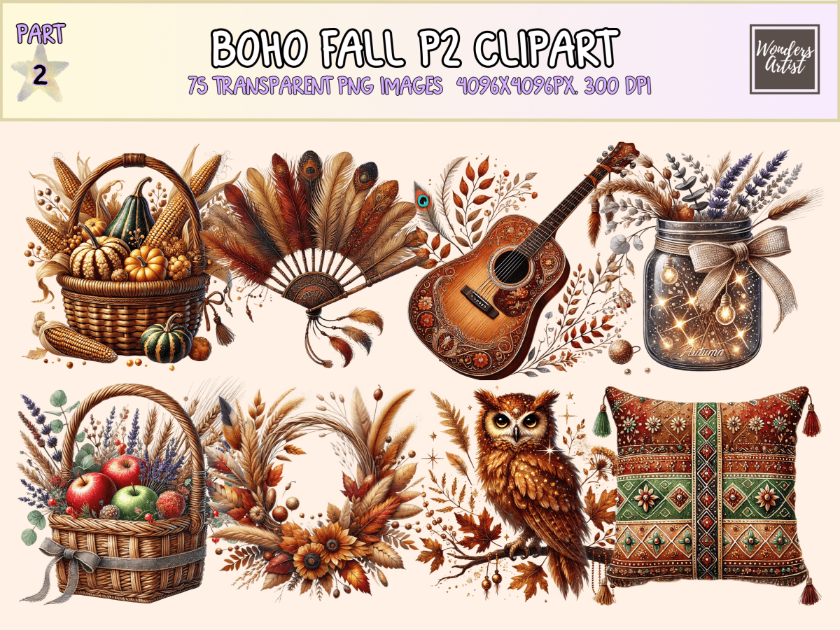 Boho Fall Clipart P2 All Bundles Clipart Line Art - WondersArtist