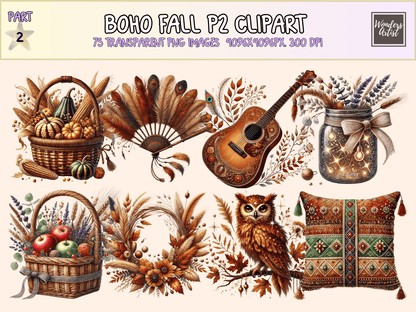 Boho Fall Clipart P2 All Bundles Clipart Line Art - WondersArtist