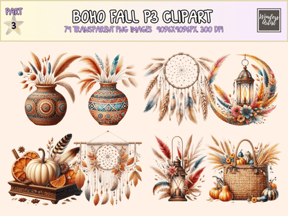 Boho Fall Clipart P3 All Bundles Clipart Line Art - WondersArtist