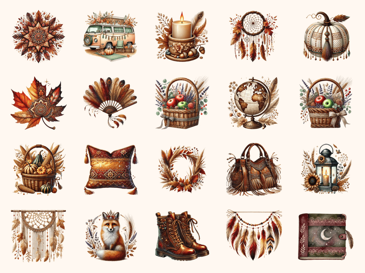 Boho Fall P2 Clipart All Bundles Clipart Line Art - WondersArtist