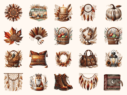 Boho Fall P2 Clipart All Bundles Clipart Line Art - WondersArtist