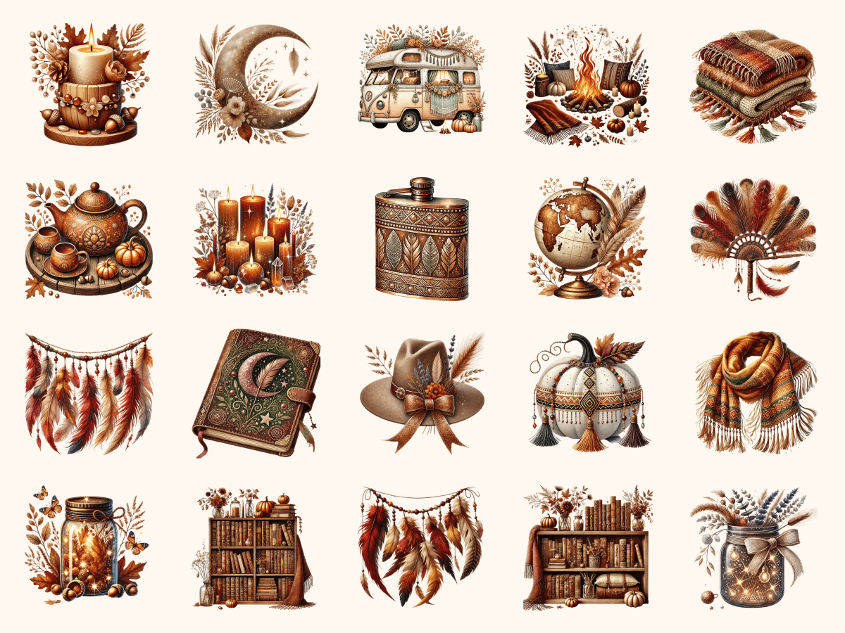 Boho Fall P2 Clipart All Bundles Clipart Line Art - WondersArtist