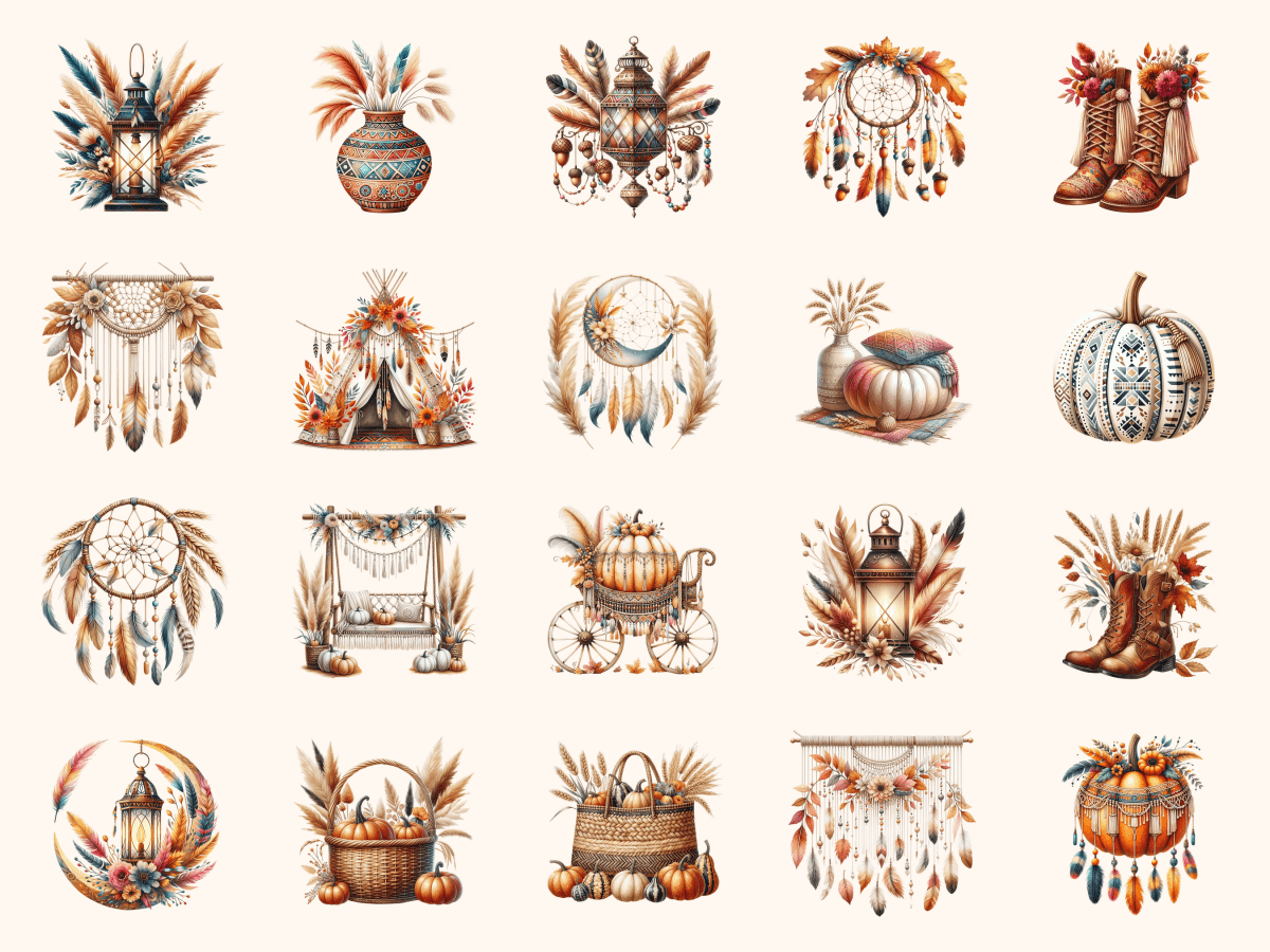 Boho Fall P3 Clipart All Bundles Clipart Line Art - WondersArtist