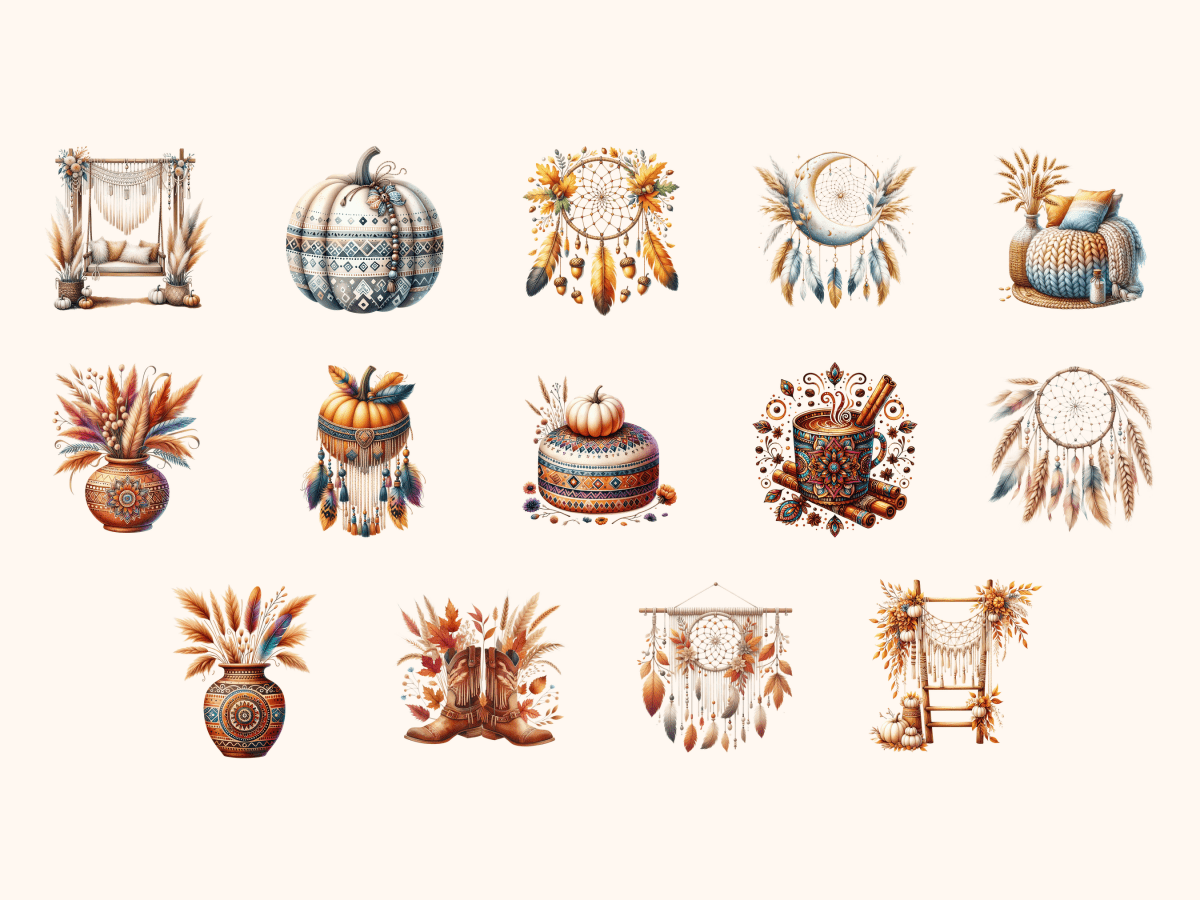 Boho Fall P3 Clipart All Bundles Clipart Line Art - WondersArtist