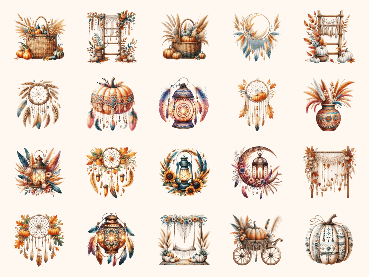 Boho Fall P3 Clipart All Bundles Clipart Line Art - WondersArtist