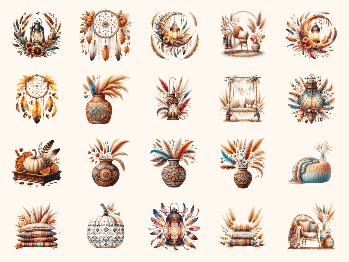 Boho Fall P3 Clipart All Bundles Clipart Line Art - WondersArtist