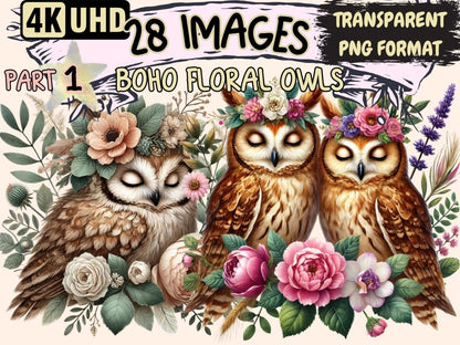 Boho Floral Owls Clipart Bohemian Owl Art - Wonders Artist