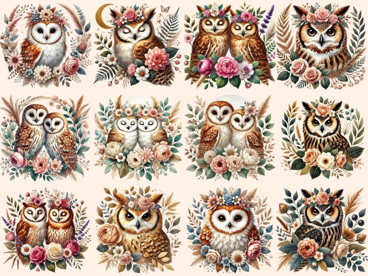 Boho Floral Owls Clipart Bohemian Owl Art - Wonders Artist