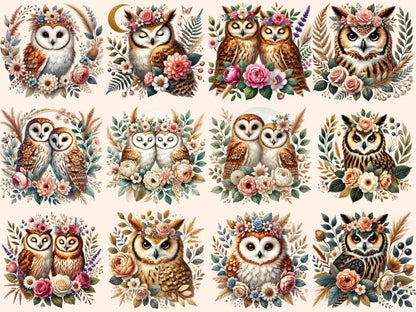 Boho Floral Owls Clipart Bohemian Owl Art - Wonders Artist
