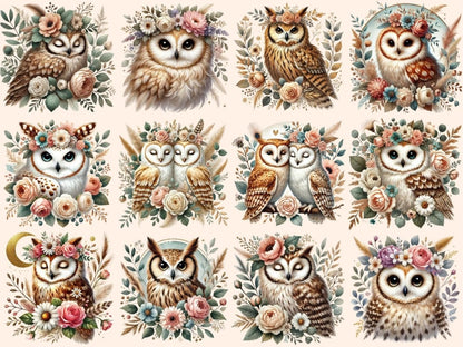 Boho Floral Owls Clipart Bohemian Owl Art - Wonders Artist