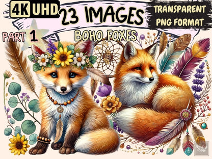 Boho Foxes Clipart autumn fox art - Wonders Artist