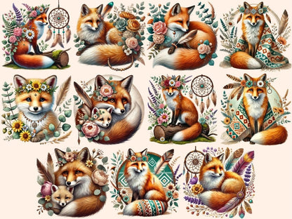 Boho Foxes Clipart autumn fox art - Wonders Artist