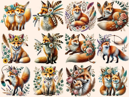 Boho Foxes Clipart autumn fox art - Wonders Artist