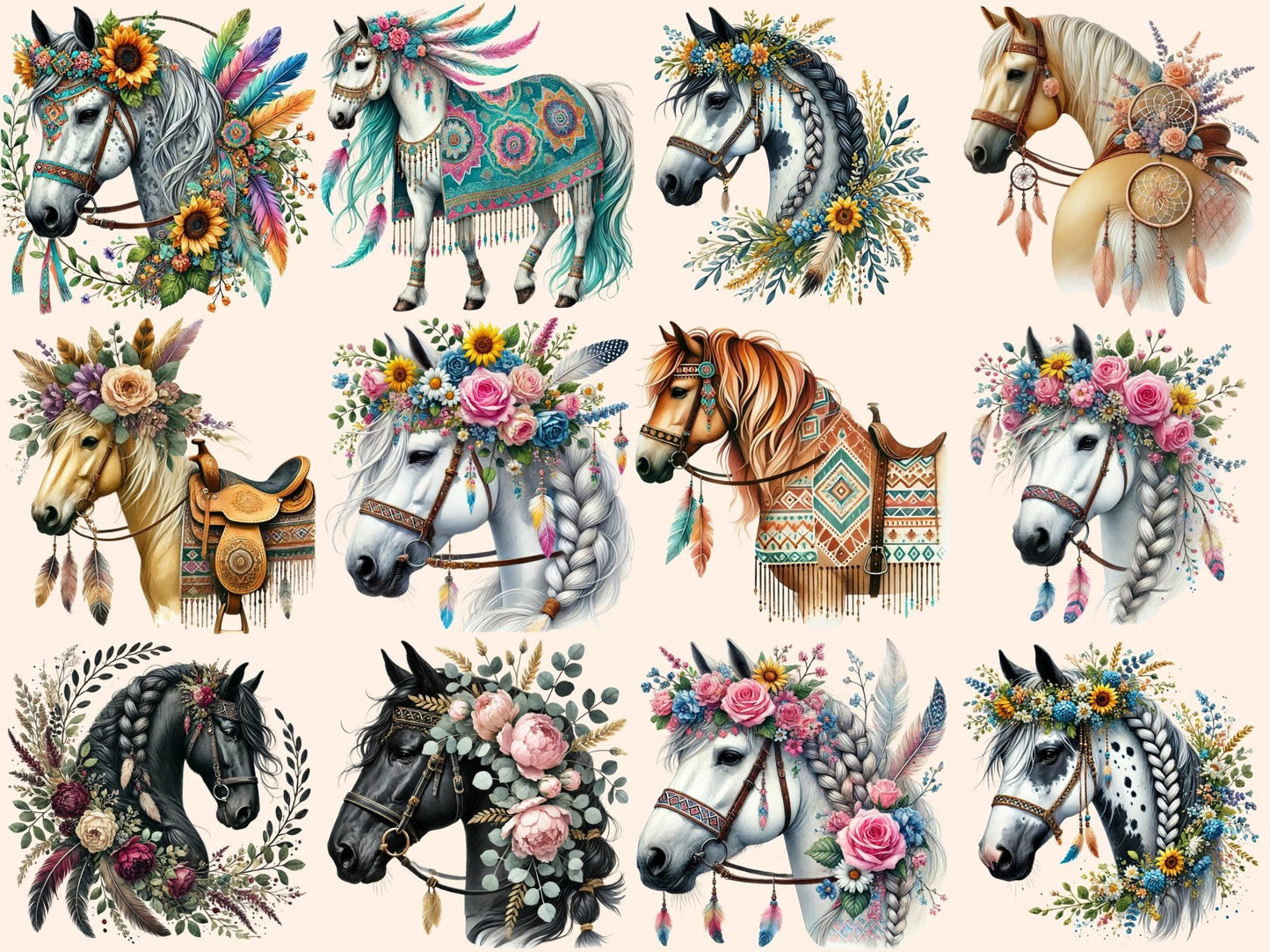 Boho Horses Clipart - High - Quality Instant Digital Download for Creative Projects