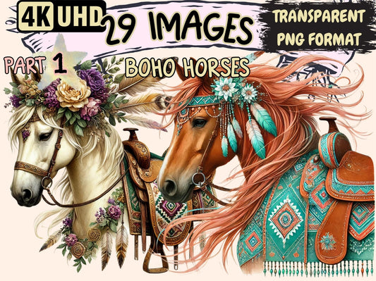 Boho Horses Clipart - High - Quality Instant Digital Download for Creative Projects