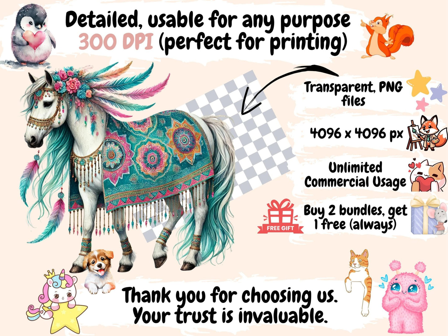 Boho Horses Clipart - High - Quality Instant Digital Download for Creative Projects