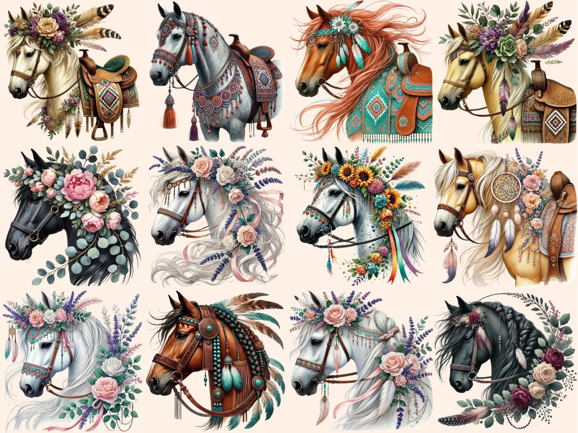 Boho Horses Clipart - High - Quality Instant Digital Download for Creative Projects