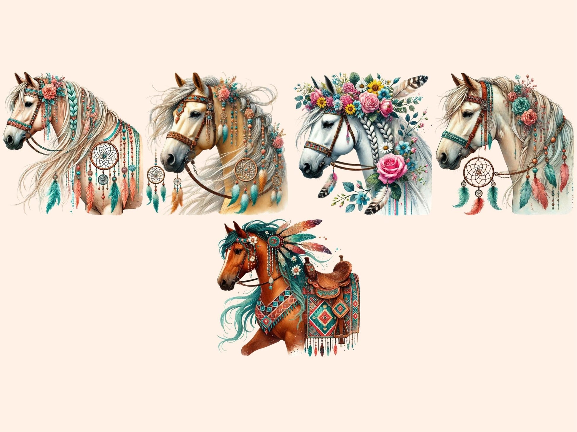 Boho Horses Clipart - High - Quality Instant Digital Download for Creative Projects