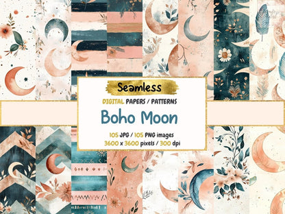 Boho Moon Seamless Digital Paper Bohemian Moon Print - Wonders Artist