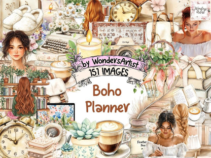 Boho Planner Watercolor Clipart Boho Decor PNG - Wonders Artist