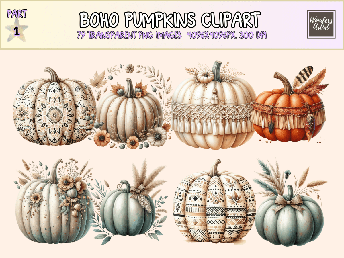 Boho Pumpkins Clipart All Bundles Clipart Line Art - WondersArtist