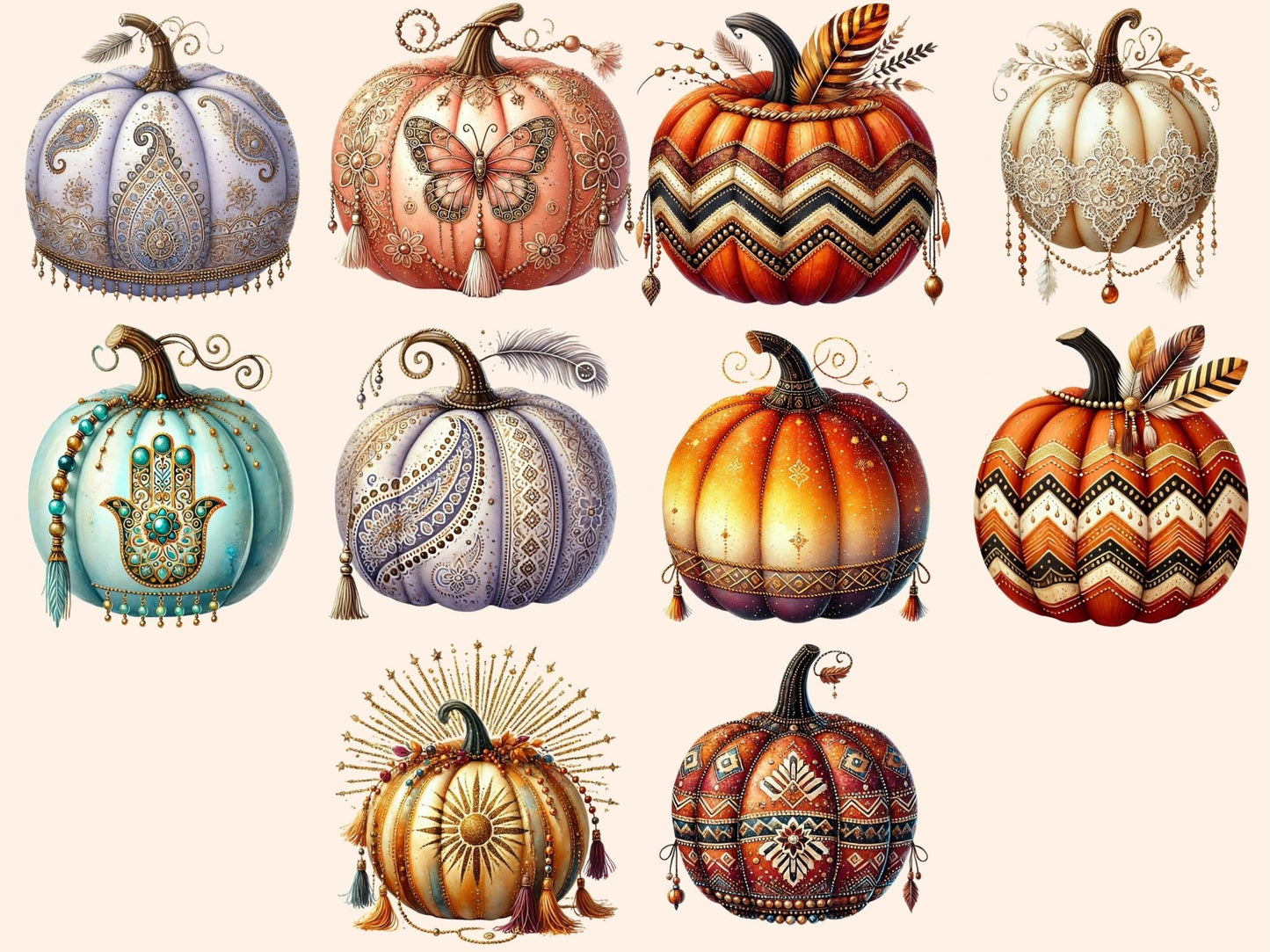 Boho Pumpkins (P2) Clipart - High - Quality Instant Digital Download for Creative Projects