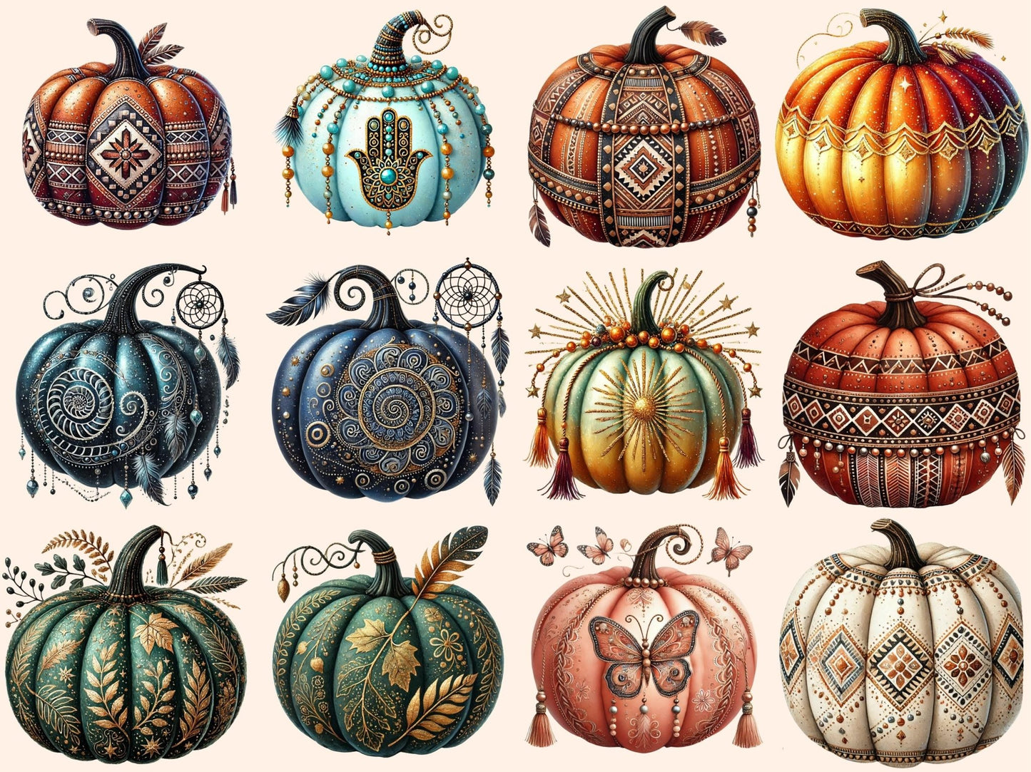 Boho Pumpkins (P2) Clipart - High - Quality Instant Digital Download for Creative Projects