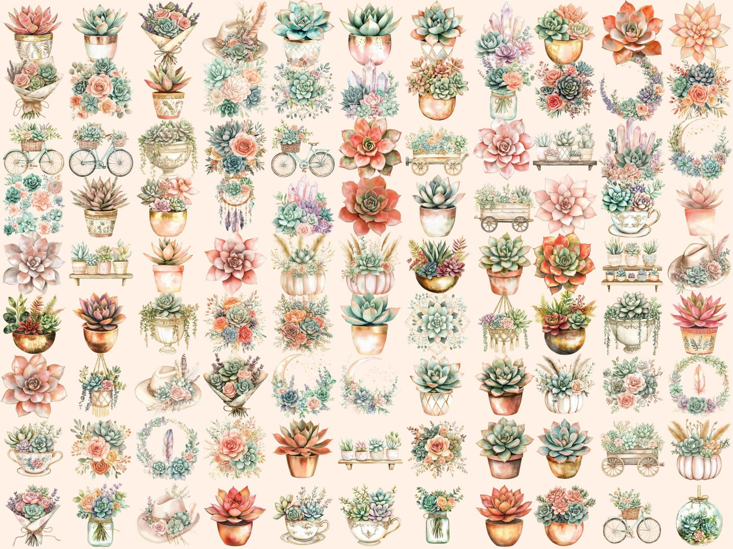 Boho Succulents Watercolor Clipart Bundle - High - Quality Instant Digital Download for Creative Projects