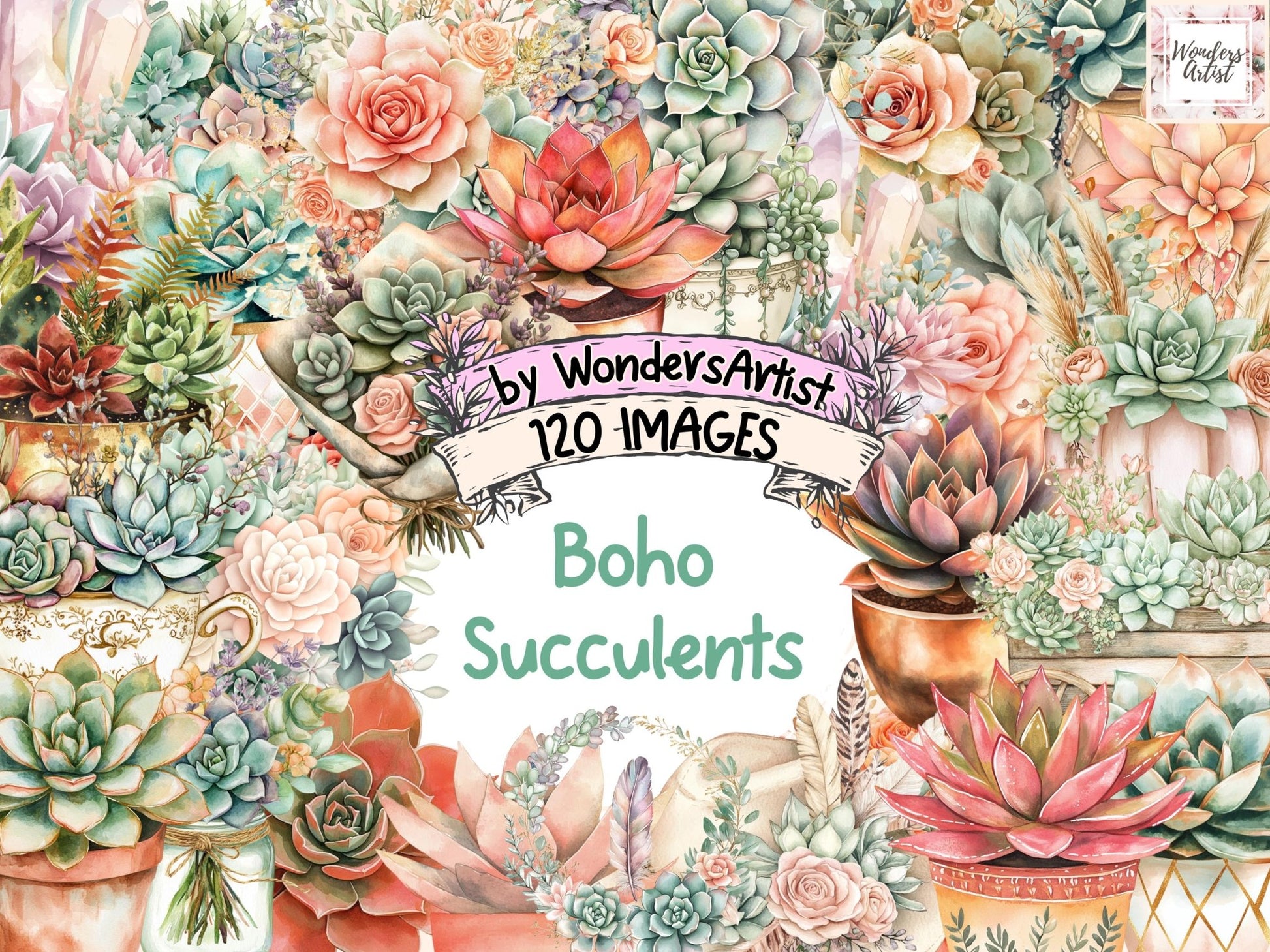 Boho Succulents Watercolor Clipart Bundle - High - Quality Instant Digital Download for Creative Projects