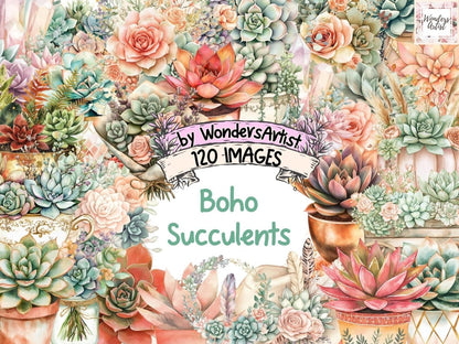 Boho Succulents Watercolor Clipart Boho Greenery PNG - Wonders Artist