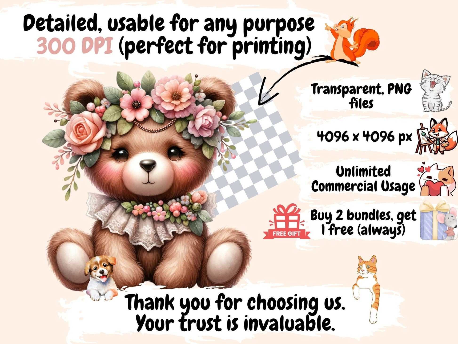 Boho Teddies Clipart - High - Quality Instant Digital Download for Creative Projects